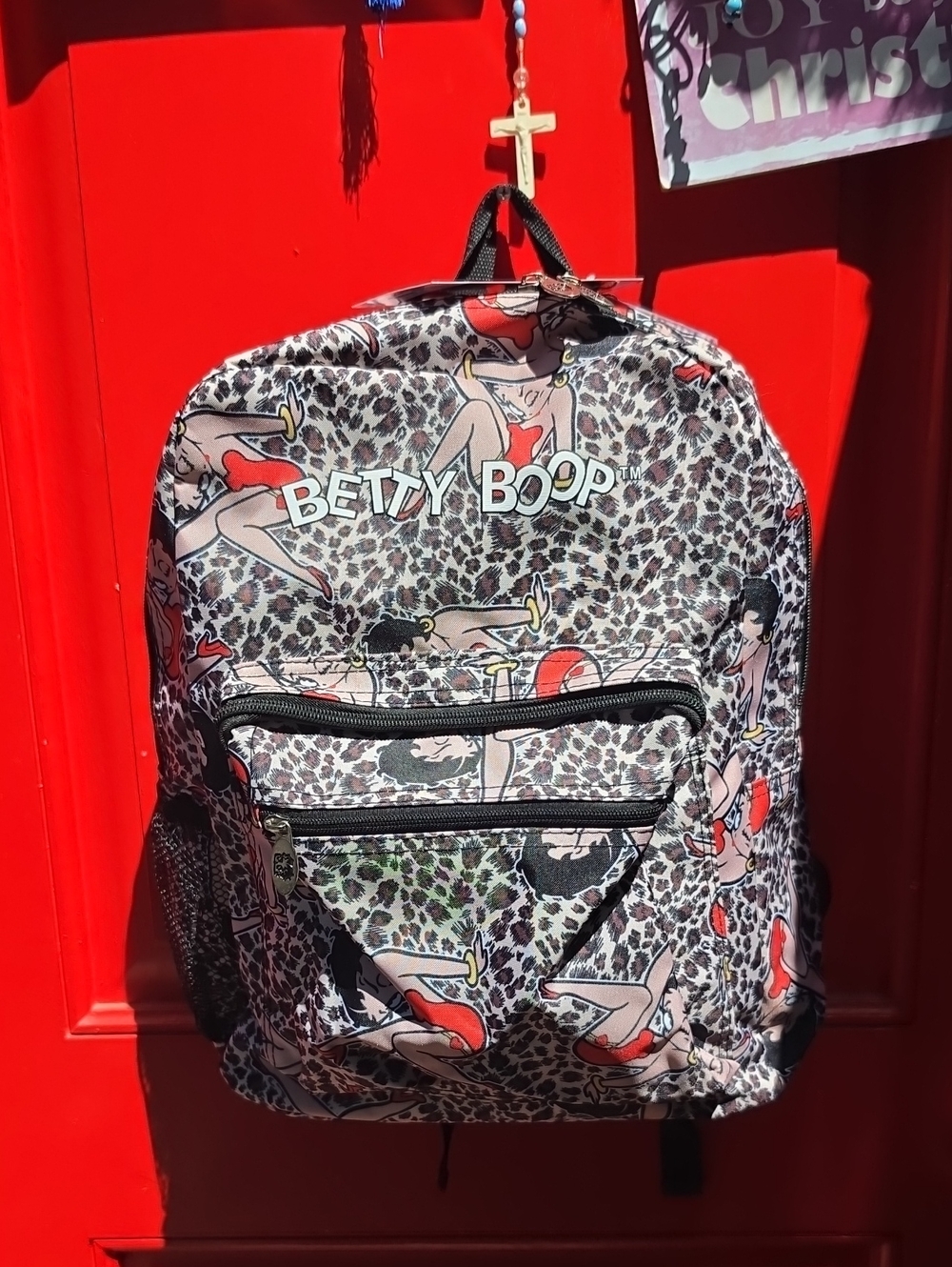 Betty Boop Leopard Print Backpack with Red and Black Accents